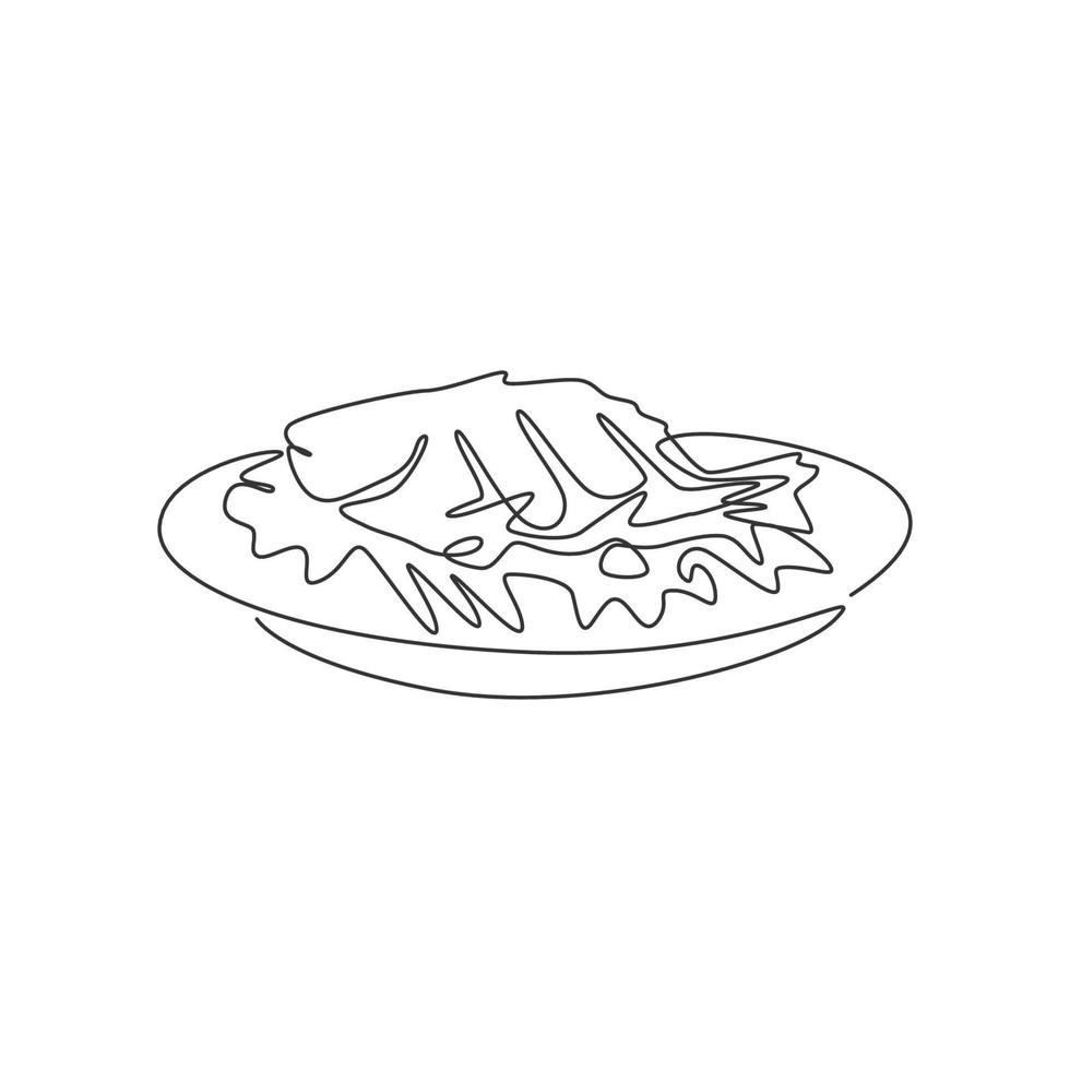 un disegno a linea singola fresco delizioso pesce carpa al forno logo grafico illustrazione vettoriale. gustoso menu del caffè di pesce e concetto di distintivo del ristorante. logotipo di cibo di strada di design moderno a linea continua vettore