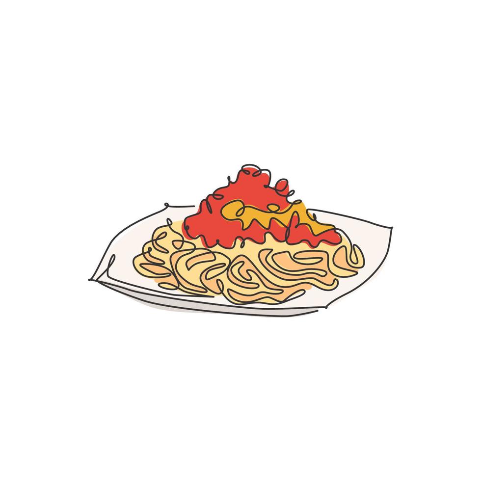 disegno a linea continua singola di una gustosa e deliziosa etichetta con il logo degli spaghetti italiani. concetto di ristorante di pasta noodle. illustrazione vettoriale moderna con disegno a una linea per servizio di consegna di bar, negozi o cibo