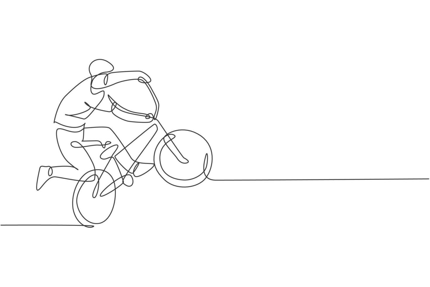 un disegno a linea singola di un giovane ciclista bmx che esegue il trucco freestyle sull'illustrazione vettoriale di strada. concetto di sport estremo. design moderno a linea continua per banner da competizione freestyle