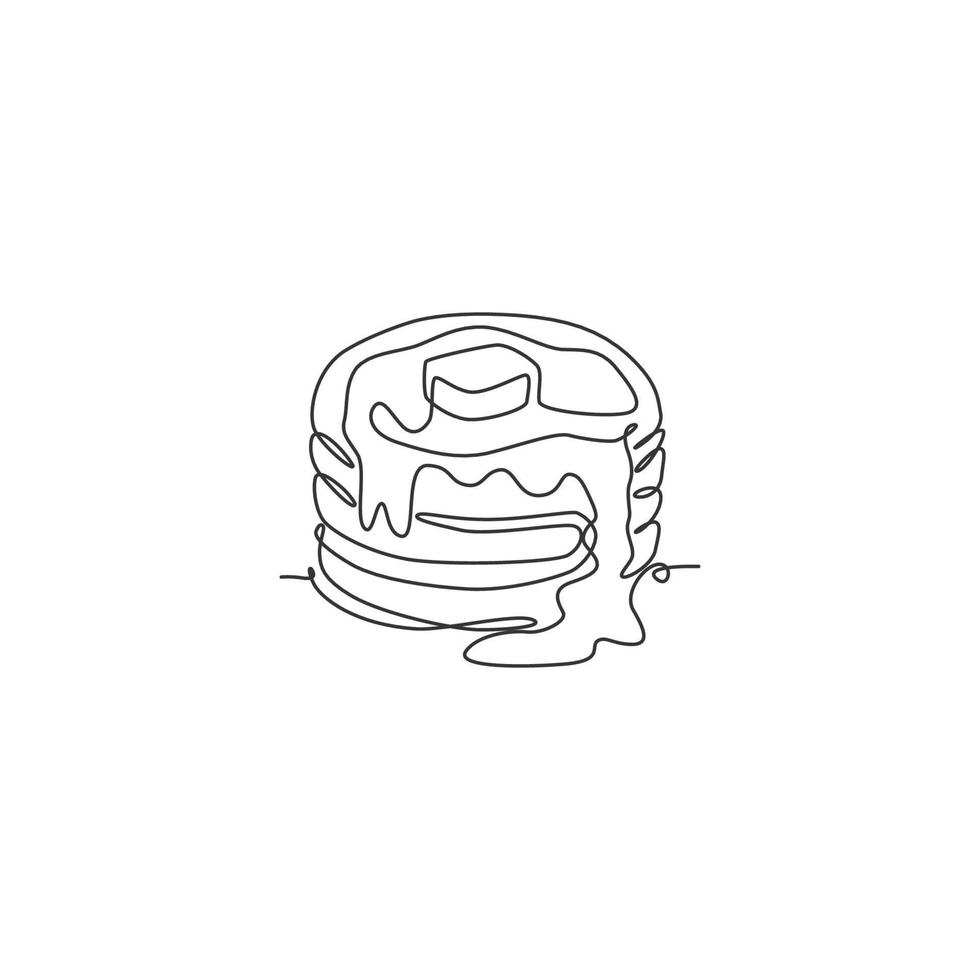 un disegno a linea singola frittella impilata fresca con illustrazione grafica vettoriale del logo del burro. menu del caffè del cibo della colazione e concetto del distintivo del ristorante. logotipo di negozio di alimentari di design moderno con linea continua