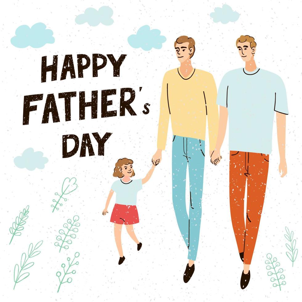 biglietto di auguri colorato vettoriale con illustrazione di due papà con la figlia e scritte disegnate a mano - felice festa del papà. design tipografico per cartoline, banner, poster, post sui social media