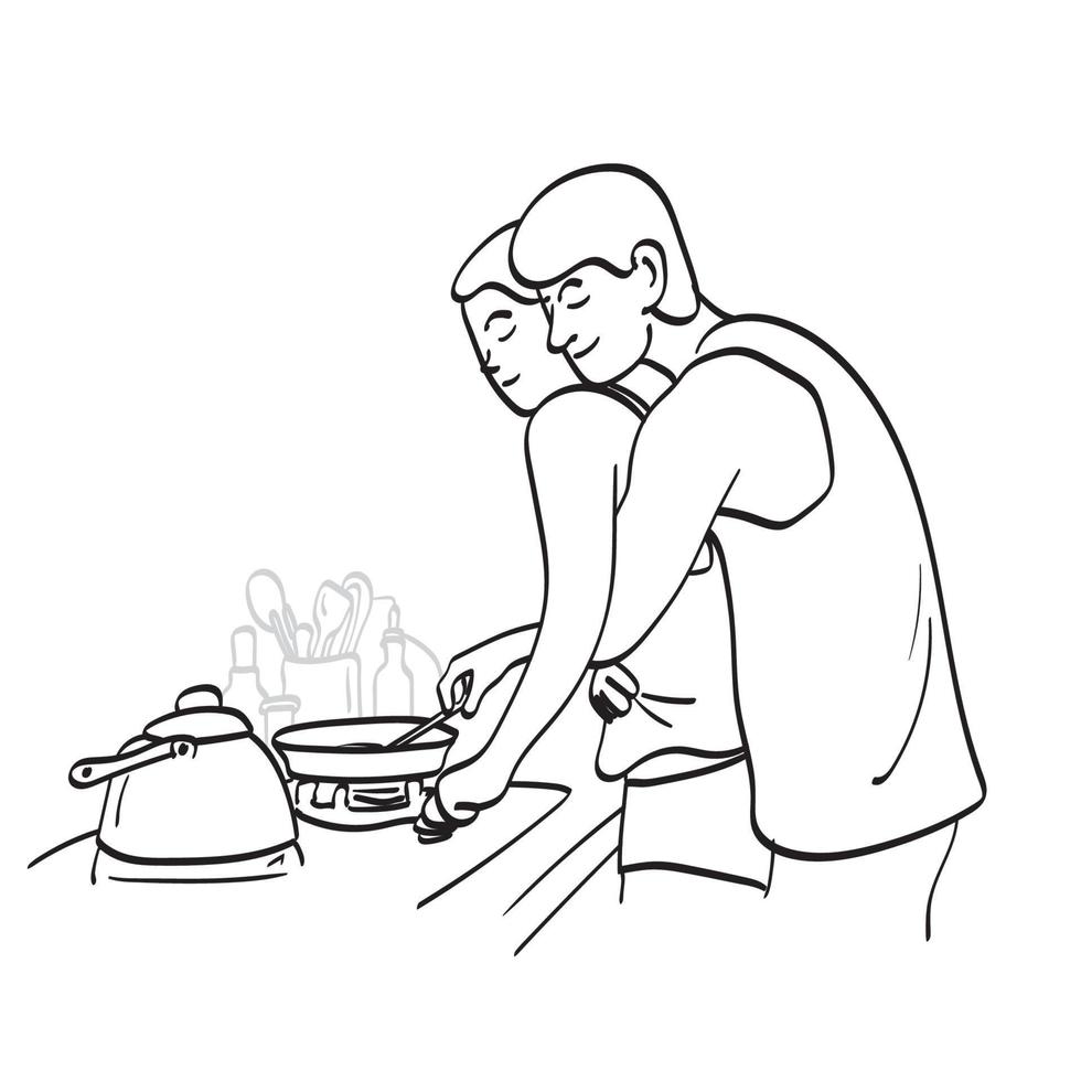 line art fidanzato che abbraccia la ragazza dal retro in cucina illustrazione vettore disegnato a mano isolato su sfondo bianco
