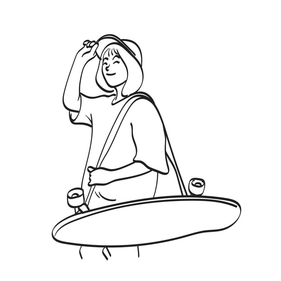 donna a mezza lunghezza con cappuccio che tiene lo skateboard illustrazione vettore disegnato a mano isolato su sfondo bianco linea art.