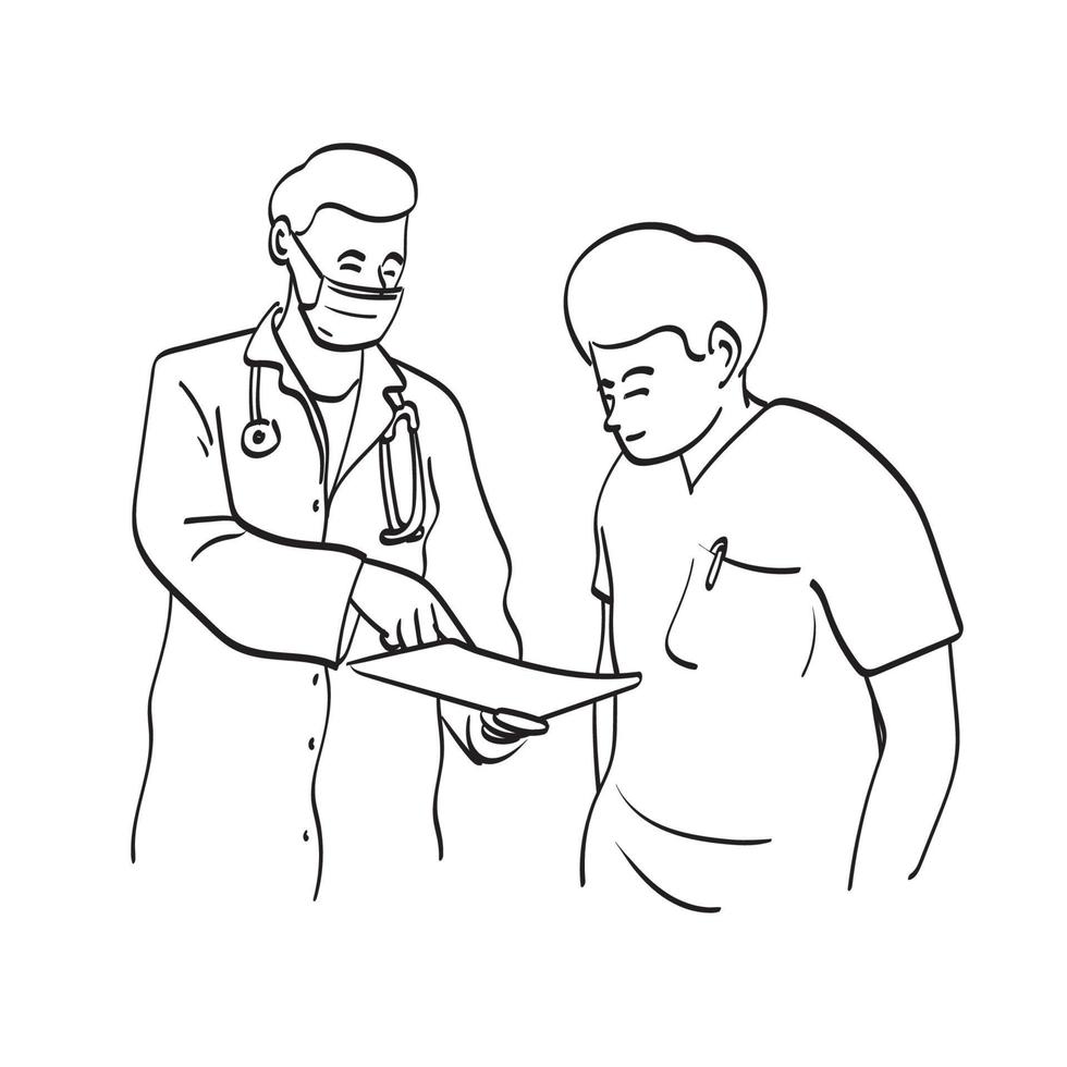 medico professionista maschile e assistente che discutono di compiti con illustrazione della cartella medica vettore disegnato a mano isolato su sfondo bianco line art.