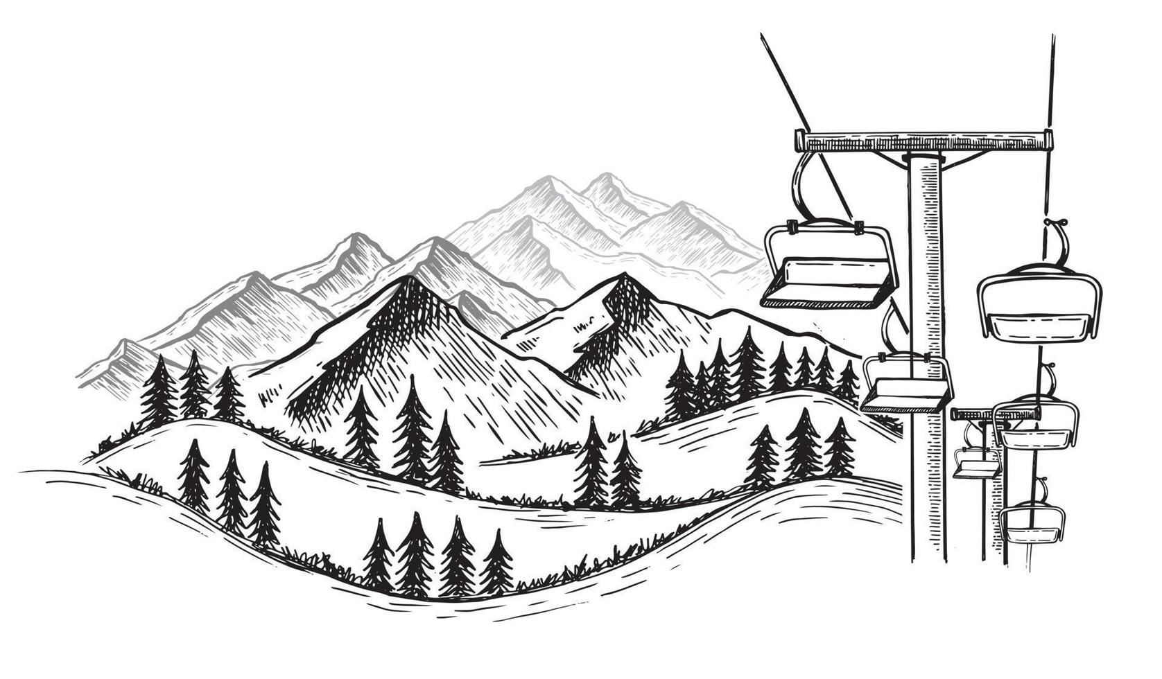montagne del paesaggio. schizzo della stazione sciistica. illustrazione disegnata a mano. vettore
