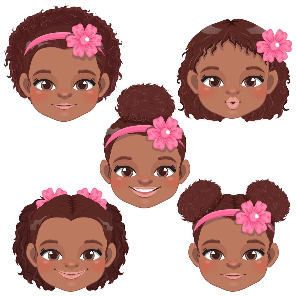 collezione di facce di bambina nera carina, vettore di personaggi dei cartoni animati africani americani