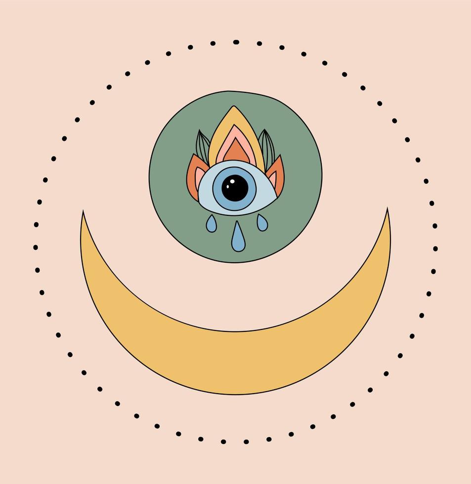 una falce di luna e un amuleto magico a forma di occhio in stile boho. occhio dal malocchio in stile doodle con motivi vettore