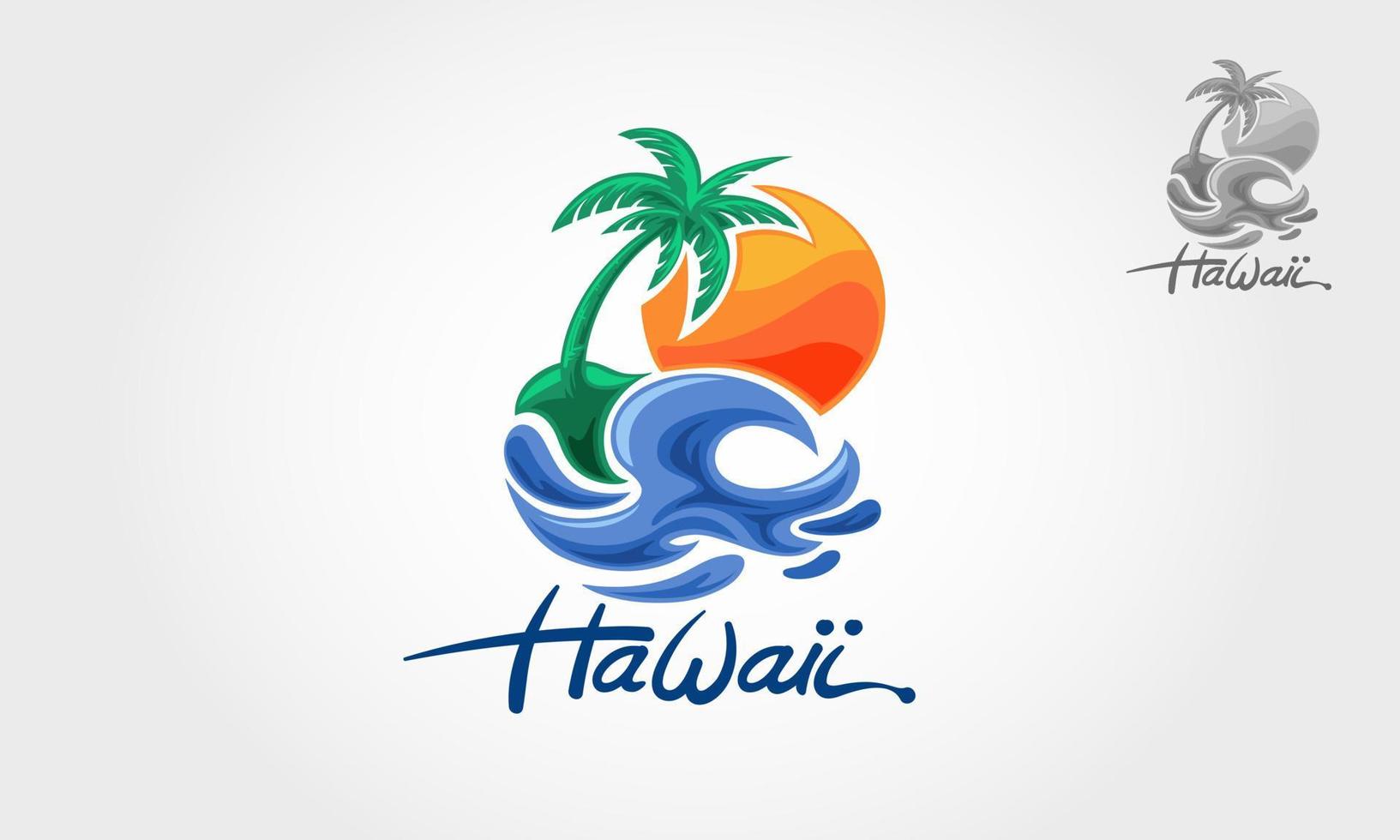 illustrazione del logo vettoriale hawaii. onde dell'oceano d'acqua con sole, palme e spiaggia, per ristorante e hotel.