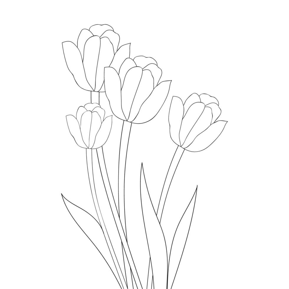 linea di matita di inchiostro nero continuo del fiore del tulipano disegnata sulla pagina di colorazione del fiore isolato vettore