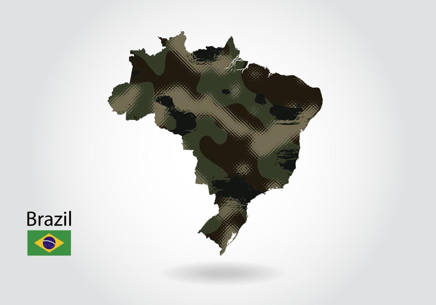 mappa del brasile con motivo mimetico, trama verde foresta nella mappa. concetto militare per esercito, soldato e guerra. stemma, bandiera. vettore