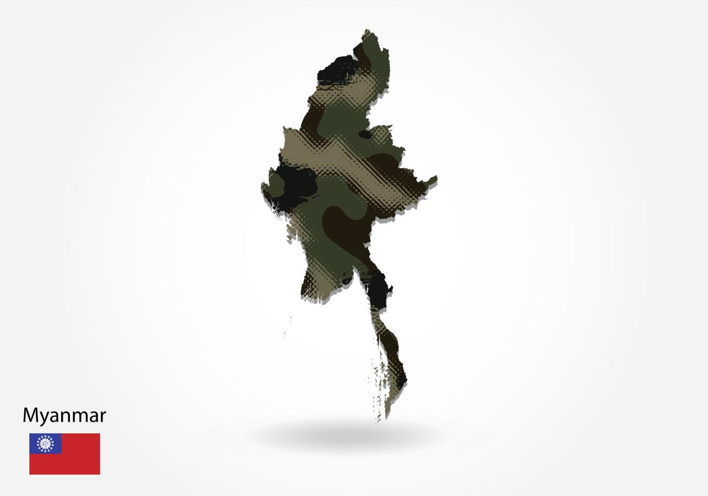 mappa del Myanmar con motivo mimetico, foresta - trama verde nella mappa. concetto militare per esercito, soldato e guerra. stemma, bandiera. vettore