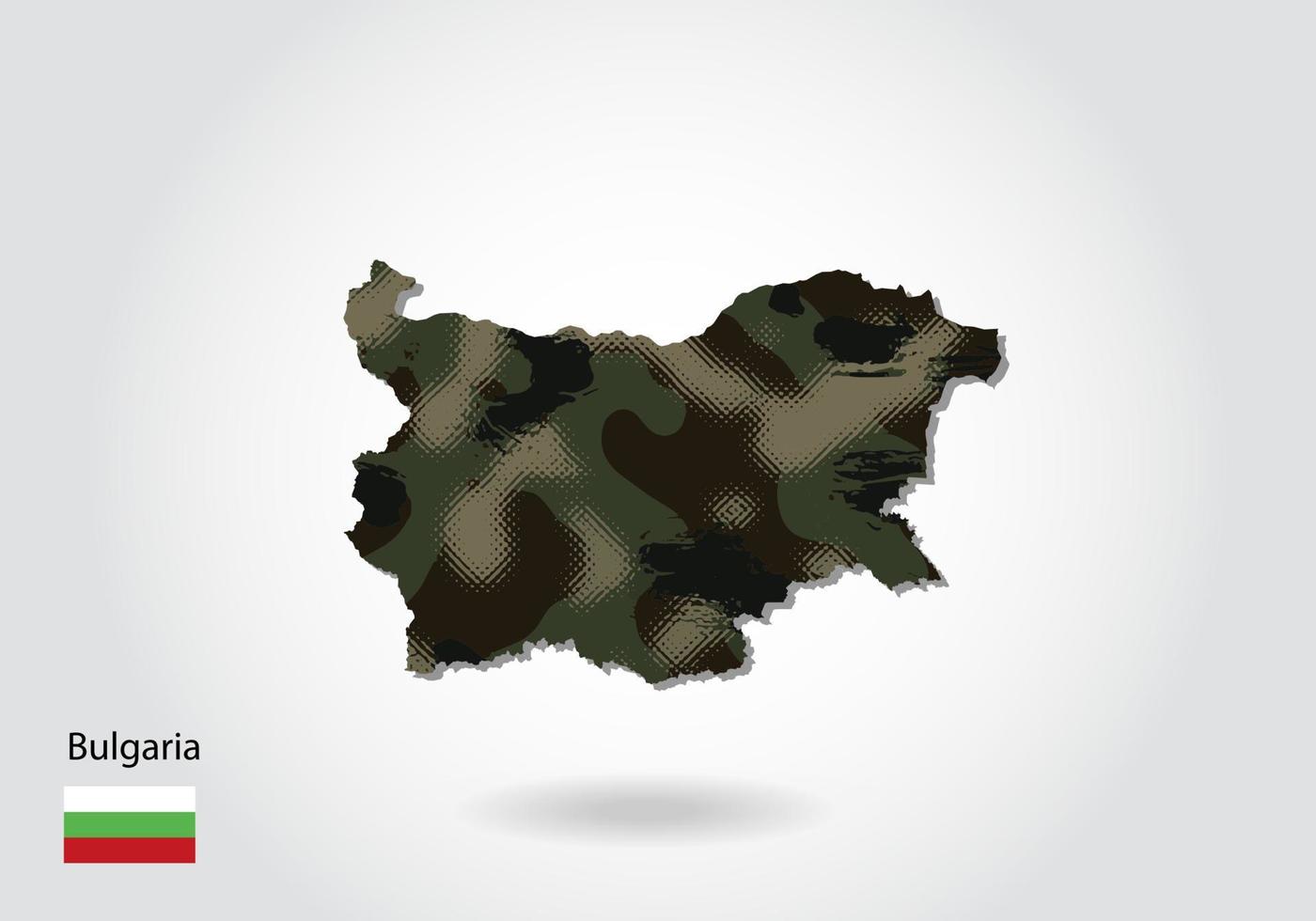 mappa della bulgaria con motivo mimetico, trama verde foresta nella mappa. concetto militare per esercito, soldato e guerra. stemma, bandiera. vettore