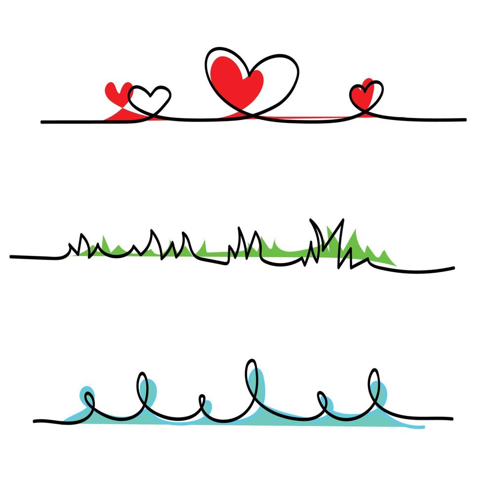 disegno a linea singola, a forma di cuore, erba, goccia d'acqua vettore