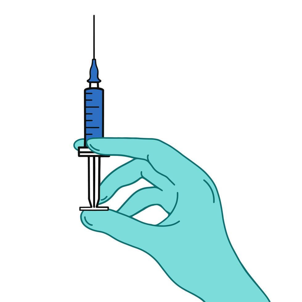 illustrazione vettoriale della mano di un medico, un'infermiera che tiene una siringa con un vaccino. infilare un guanto blu con una siringa. l'immagine isolata su uno sfondo bianco. processo di vaccinazione, stile piatto