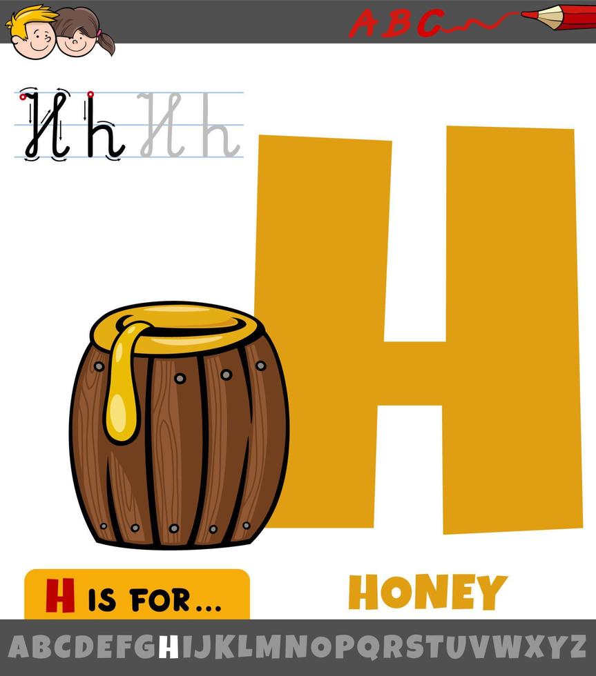 lettera h dall'alfabeto con barile di miele dei cartoni animati vettore