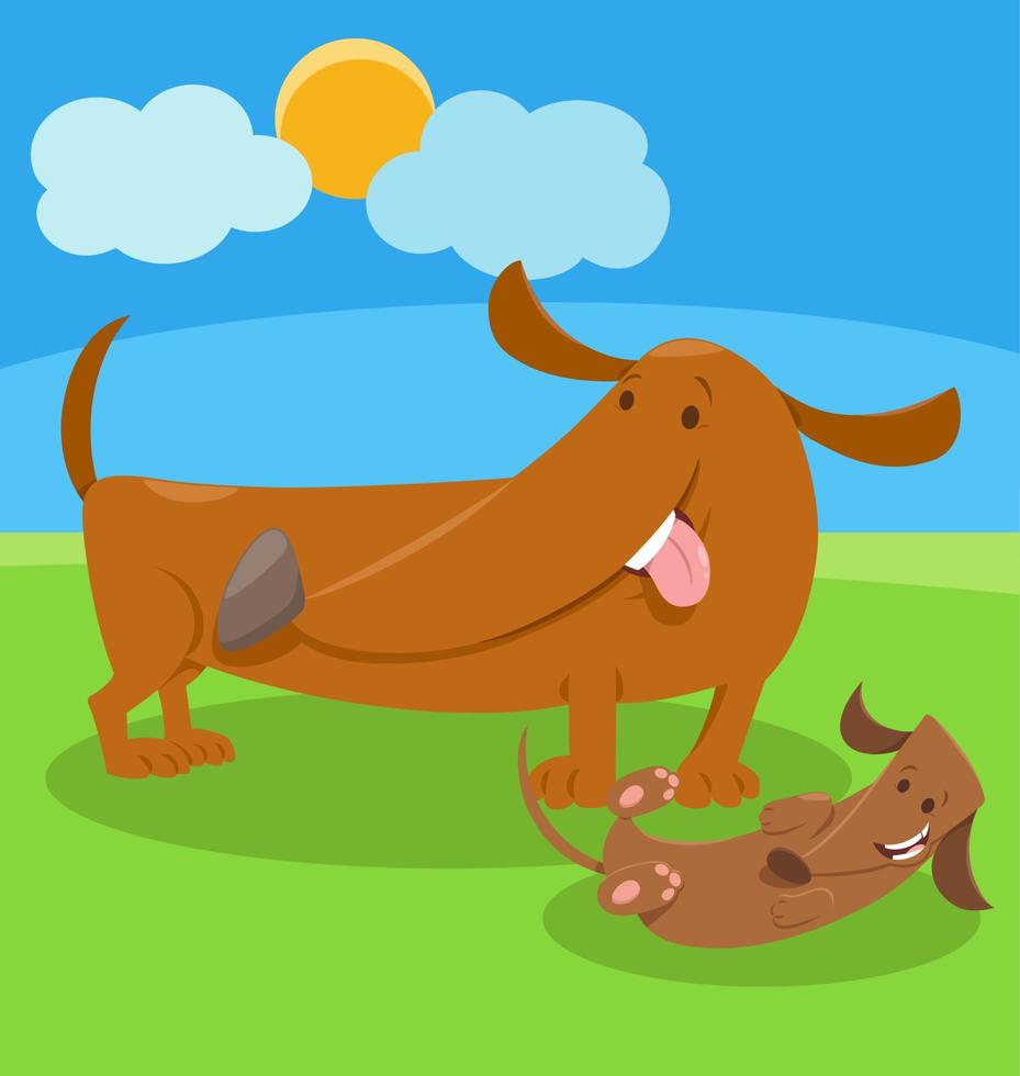 personaggio animale del cane bassotto del fumetto con il piccolo cucciolo vettore