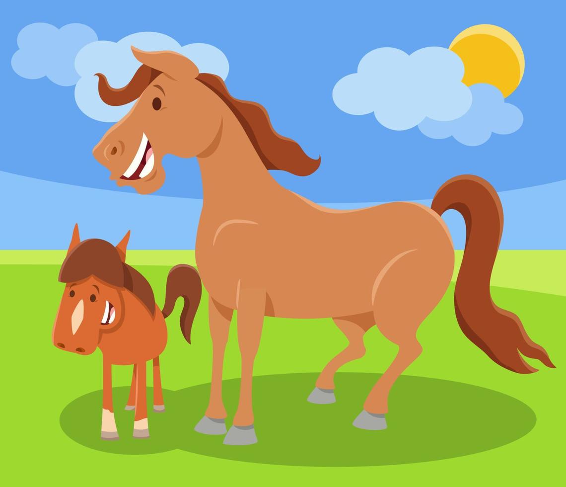 personaggio animale della fattoria del cavallo divertente del fumetto con il puledro vettore