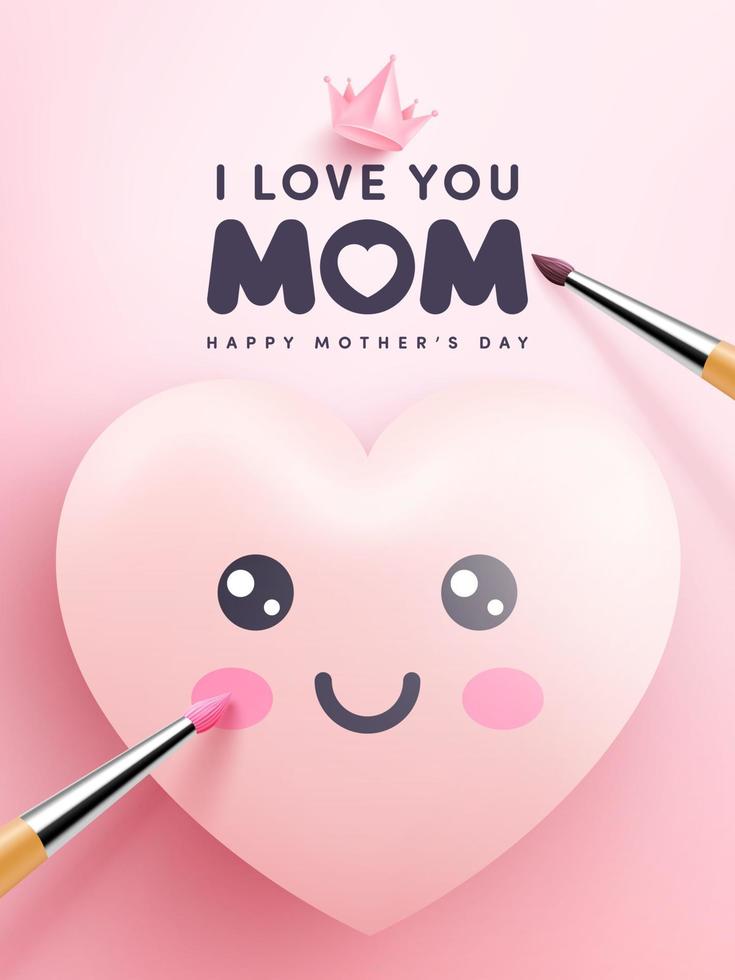 poster per la festa della mamma con cuori carini e pittura di emoticon cartoni animati su sfondo rosa. modello di promozione e shopping o sfondo per amore e concetto di festa della mamma. illustrazione vettoriale eps 10