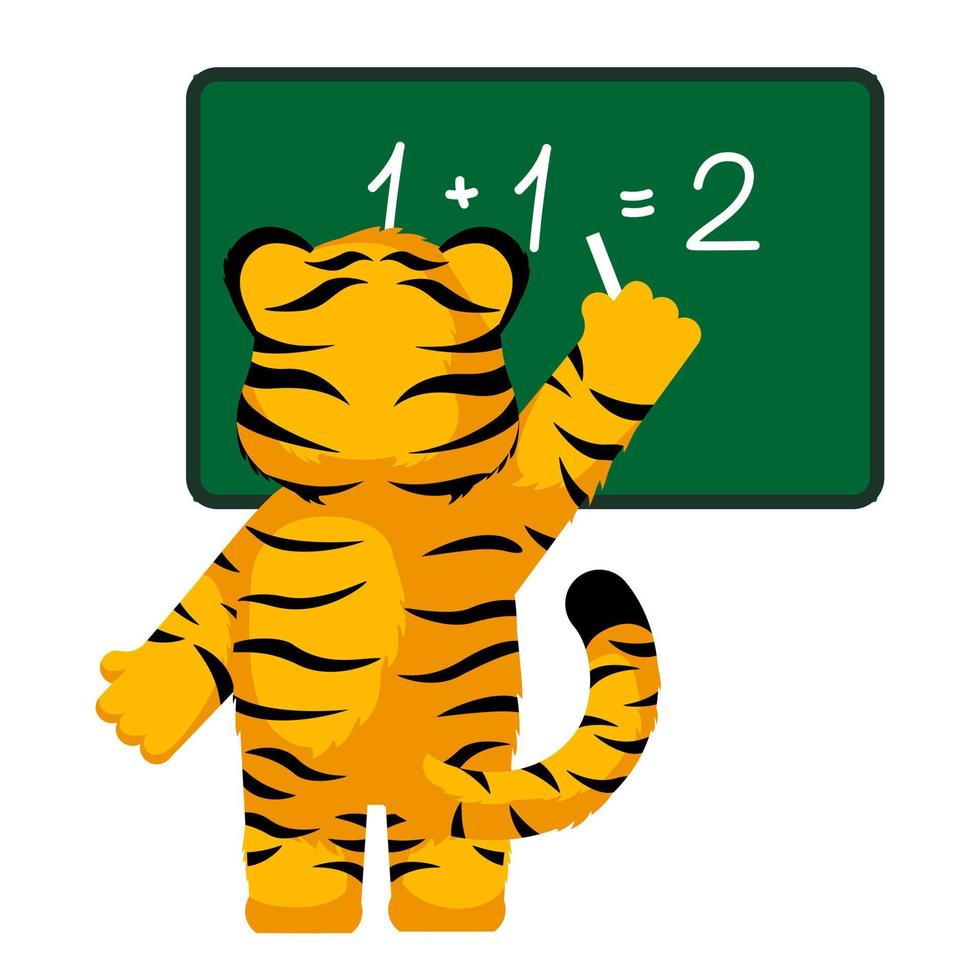 simpatico personaggio matematico insegnante tigre isolato. tigre a strisce del fumetto del randello felice a scuola. vettore