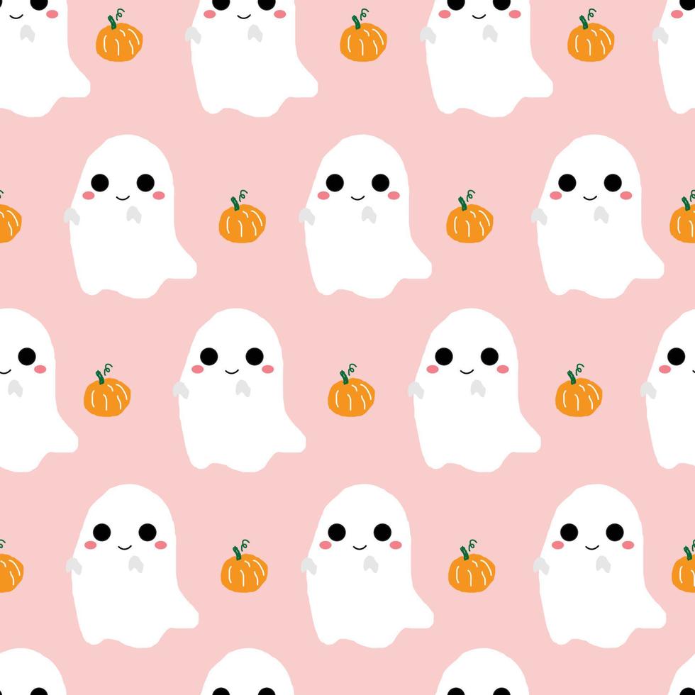 simpatico fantasma di halloween bianco con zucca, illustrazione vettoriale senza cuciture.