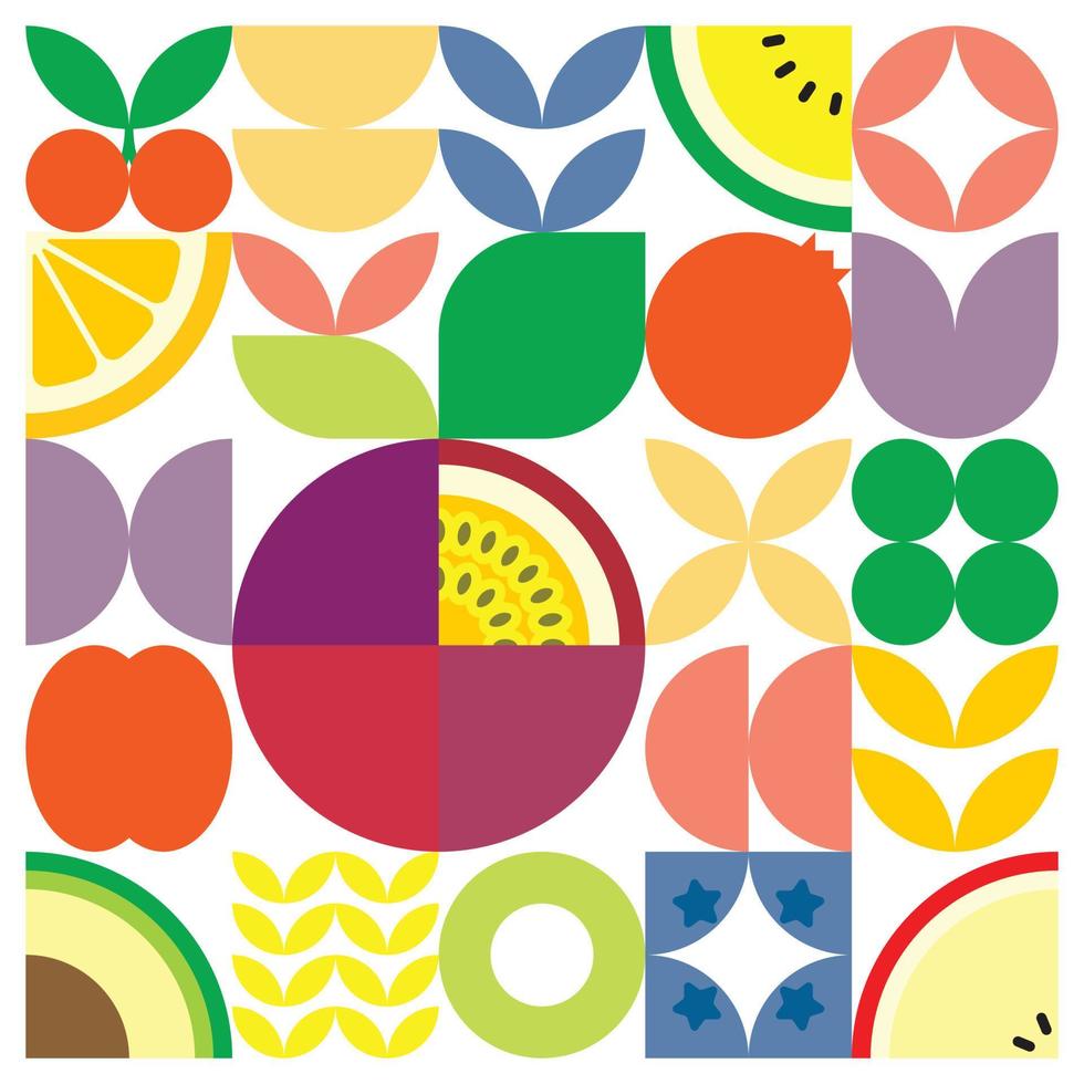 poster di opere d'arte geometriche di frutta fresca estiva con forme semplici colorate. disegno del modello vettoriale astratto piatto in stile scandinavo. illustrazione minimalista di un frutto della passione viola su sfondo bianco.