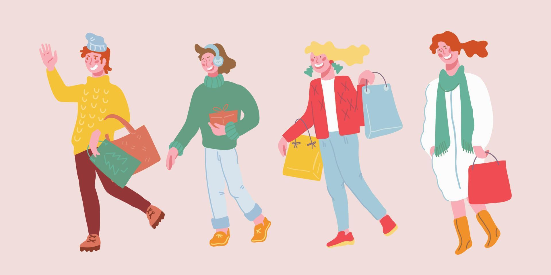 gruppo di persone durante lo shopping di vacanze invernali di natale. uomini e donne con regali della spesa, borse e scatole regalo che si preparano per le vacanze di Natale e Capodanno. illustrazioni vettoriali a cartoni animati piatti isolate.