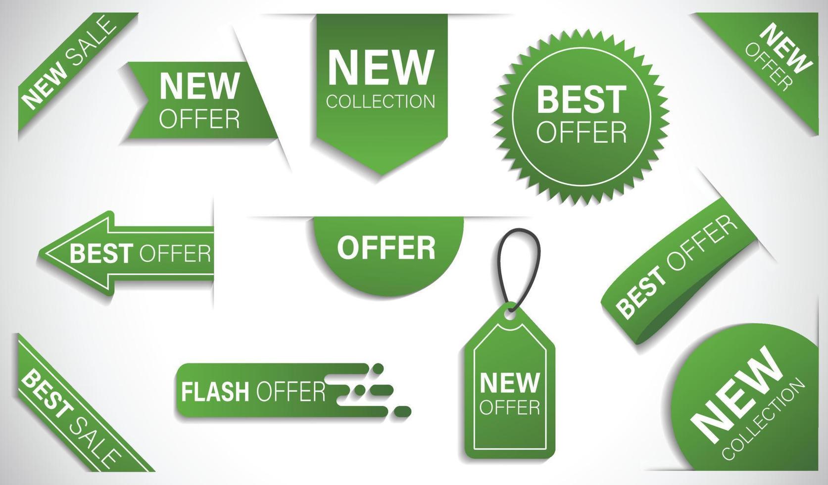migliore offerta, nuova raccolta di tag di offerta, etichette verdi vettoriali isolate su sfondo bianco.