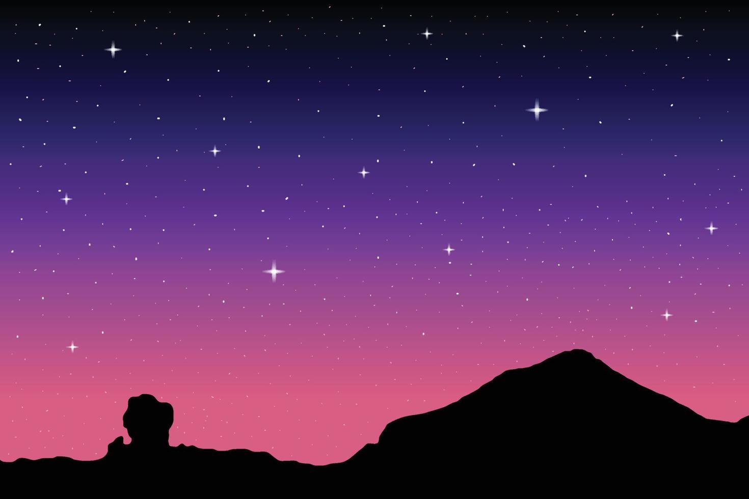 sfondo del cielo notturno, sfondo dello spazio blu scuro con stelle e silhouette di montagna. illustrazione vettoriale. vettore