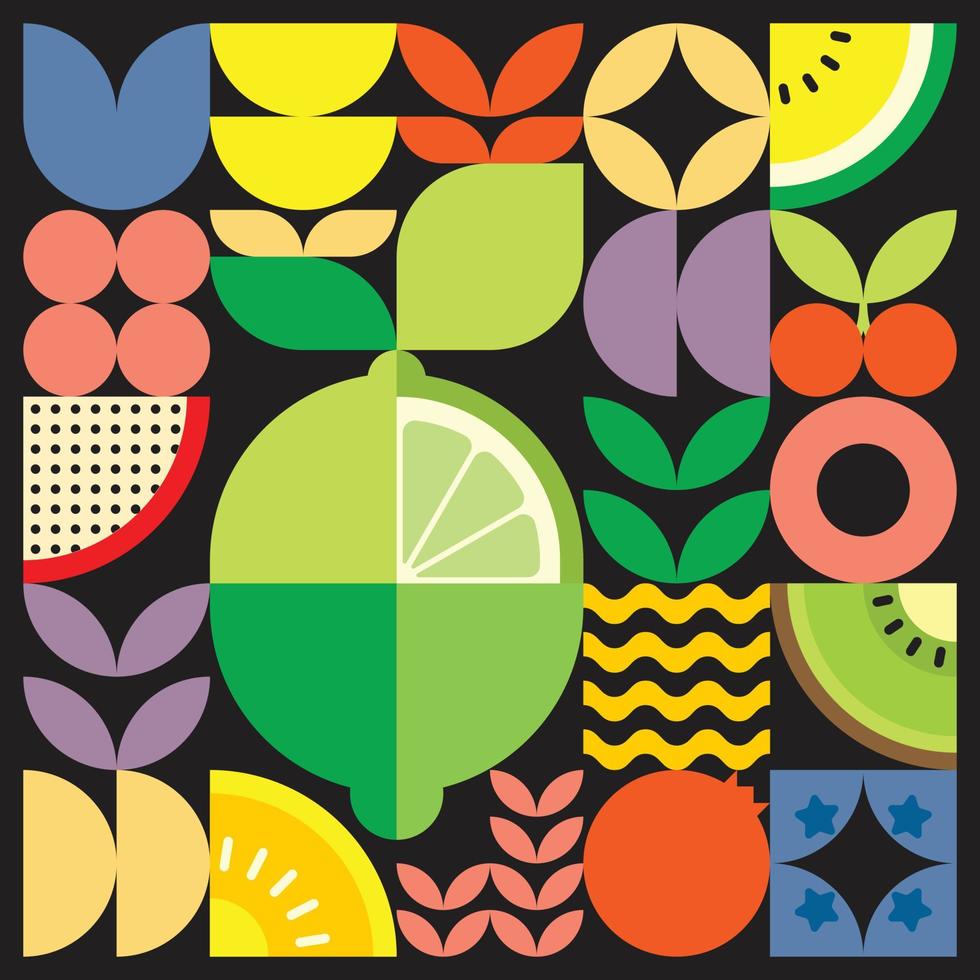 poster di opere d'arte geometriche con taglio di frutta fresca estiva con forme semplici colorate. disegno del modello vettoriale astratto piatto in stile scandinavo. illustrazione minimalista di un limone verde su sfondo nero.
