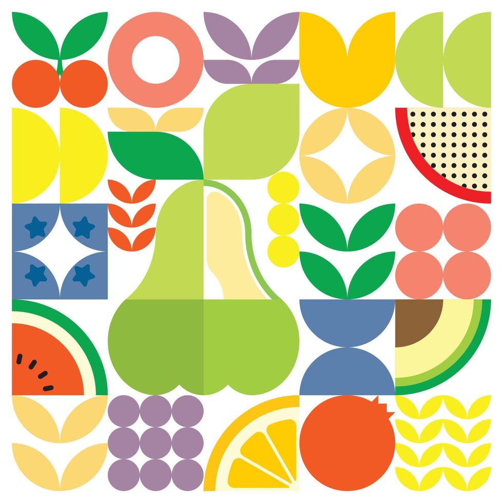 poster di opere d'arte geometriche di frutta fresca estiva con forme semplici colorate. disegno del modello vettoriale astratto piatto in stile scandinavo. illustrazione minimalista di una mela verde acqua su sfondo bianco.