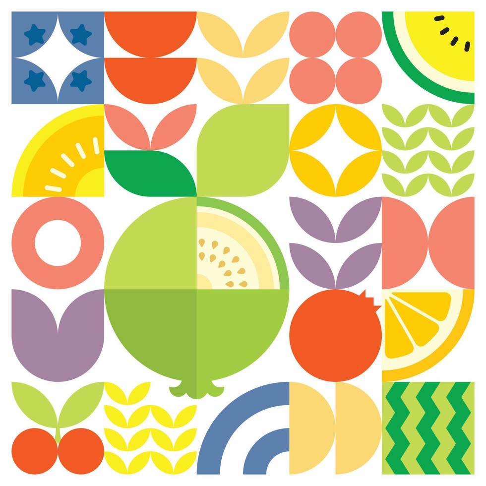poster di opere d'arte geometriche con taglio di frutta fresca estiva con forme semplici colorate. disegno del modello vettoriale astratto piatto in stile scandinavo. illustrazione minimalista di una guava bianca su sfondo bianco.