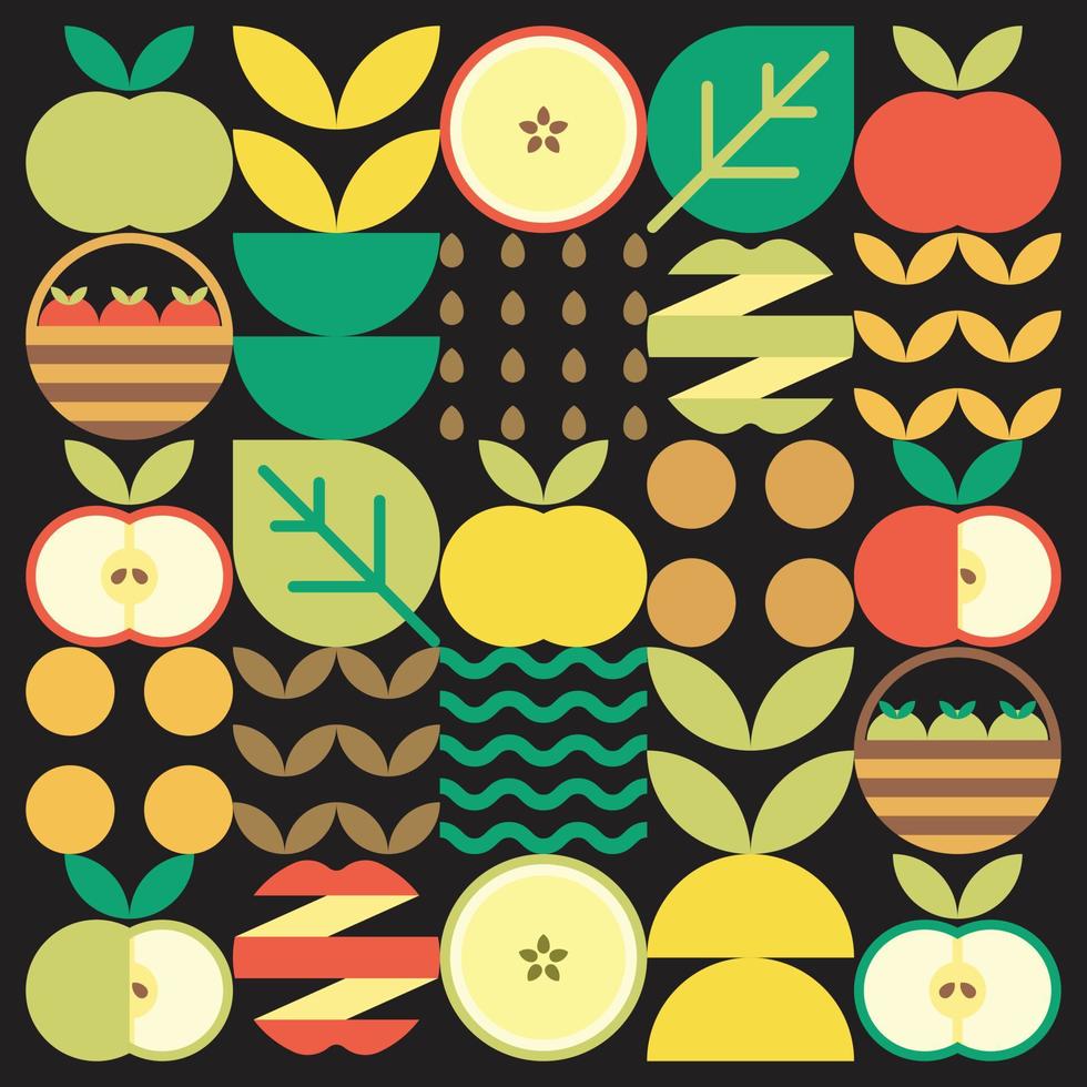 opera d'arte astratta dell'icona della mela. illustrazione di design di motivo mela colorato, foglie e simboli geometrici in stile minimalista. frutto intero, tagliato e diviso. semplice vettore piatto su sfondo nero.