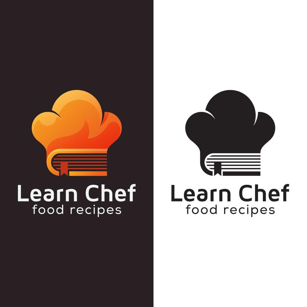 impara il logo dello chef, lo chef del libro, il logo sfumato di ricette alimentari con versione nera vettore