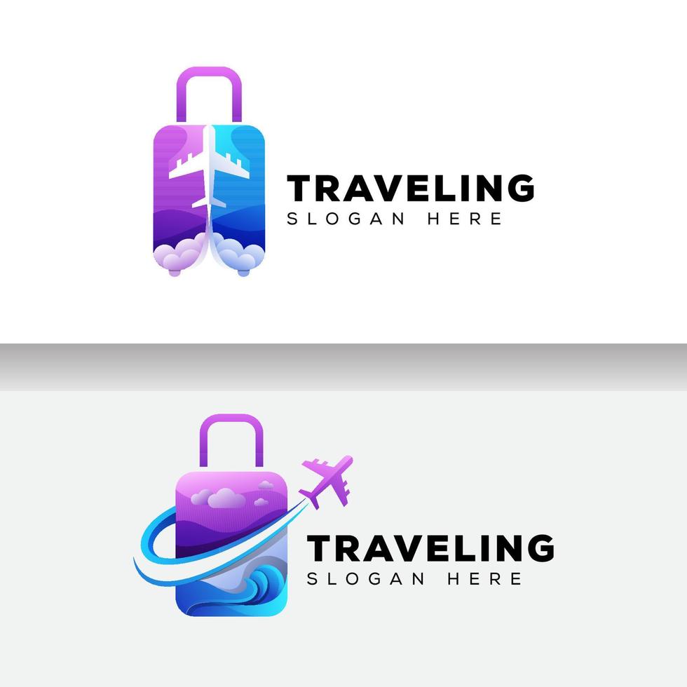 logo di viaggio valigia colorata, modello vettoriale di design del logo per le vacanze in aereo