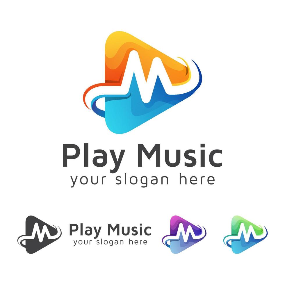 lettera m con logo musicale del lettore multimediale, modello vettoriale di progettazione del logo di riproduzione video