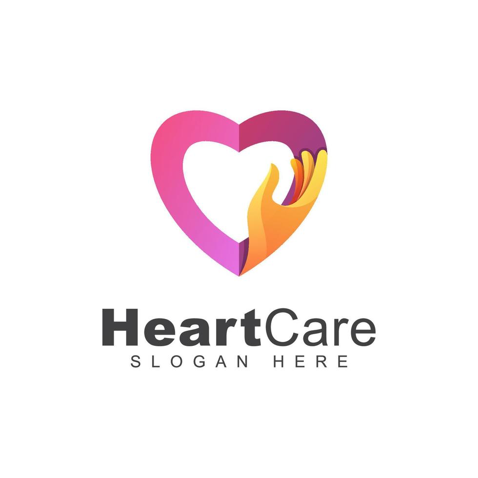 colore moderno per la cura del cuore o il logo della mano d'amore, modello vettoriale per la progettazione del logo della famiglia d'amore