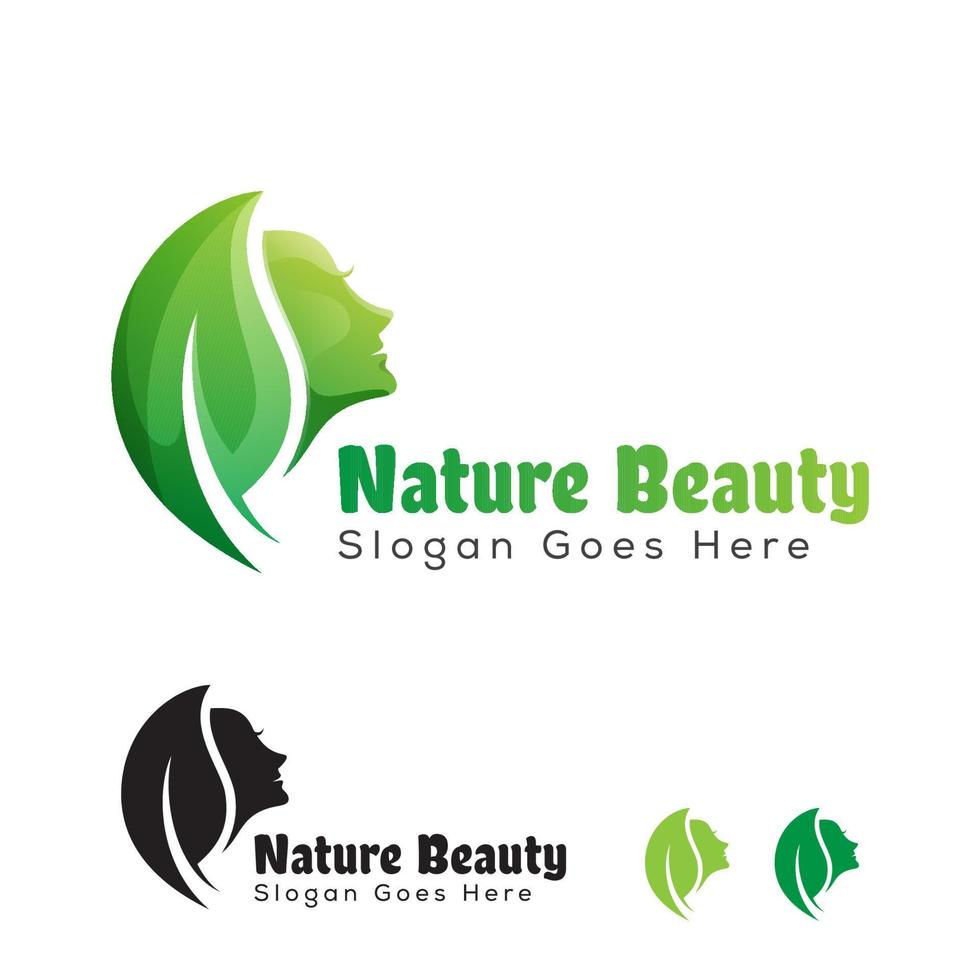 ragazza di bellezza della natura con logo foglia per cure di bellezza, cura della pelle, cosmetici modello vettoriale con logo sfumato