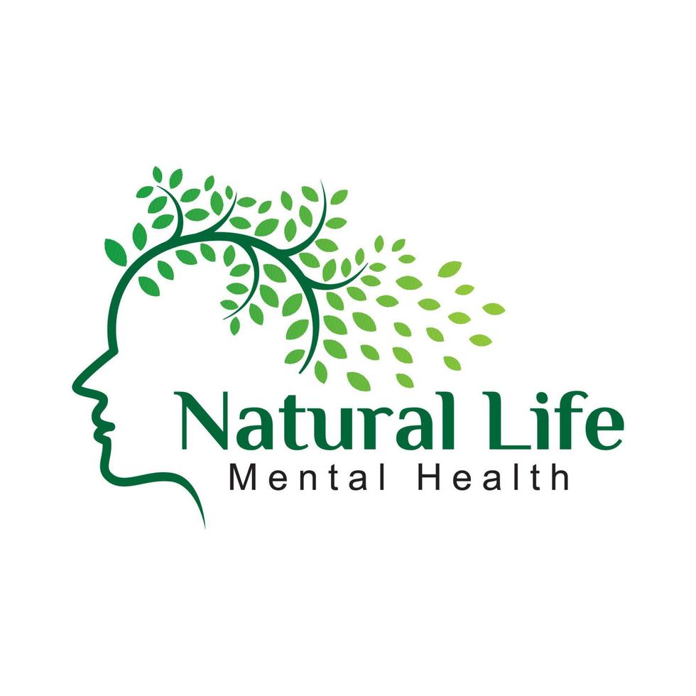 logo della salute mentale della vita naturale, viso con modello vettoriale del logo del concetto dell'albero