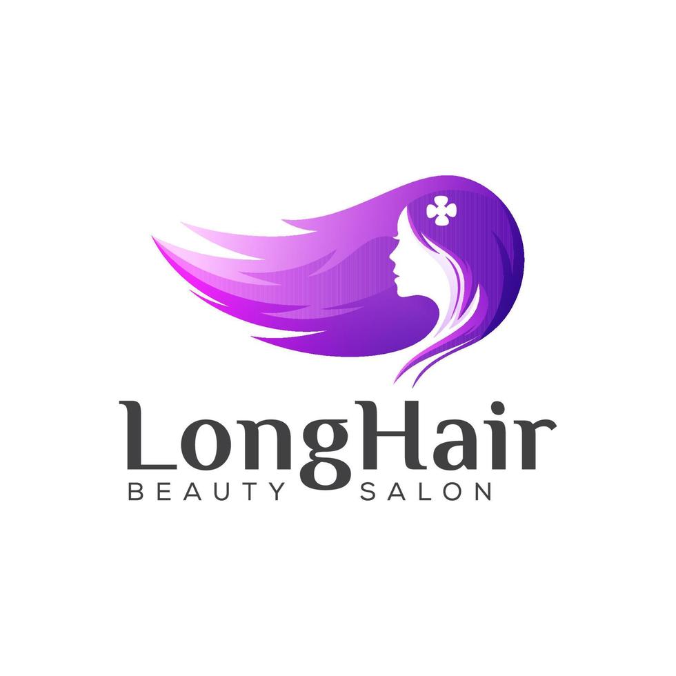 logo per capelli lunghi di bellezza, design del logo sfumato per parrucchiere donna vettore