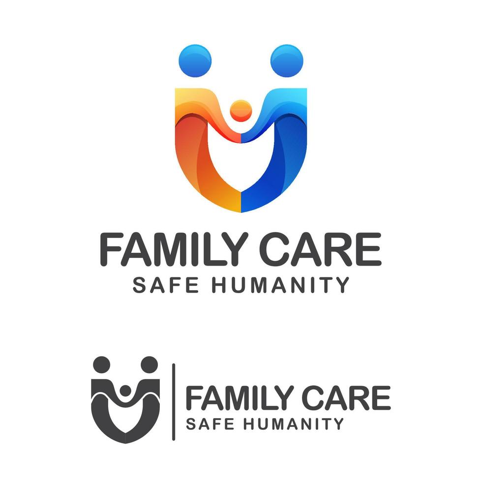 cura della famiglia e logo gradiente di umanità sicura, famiglia di persone con il concetto di logo scudo vettore