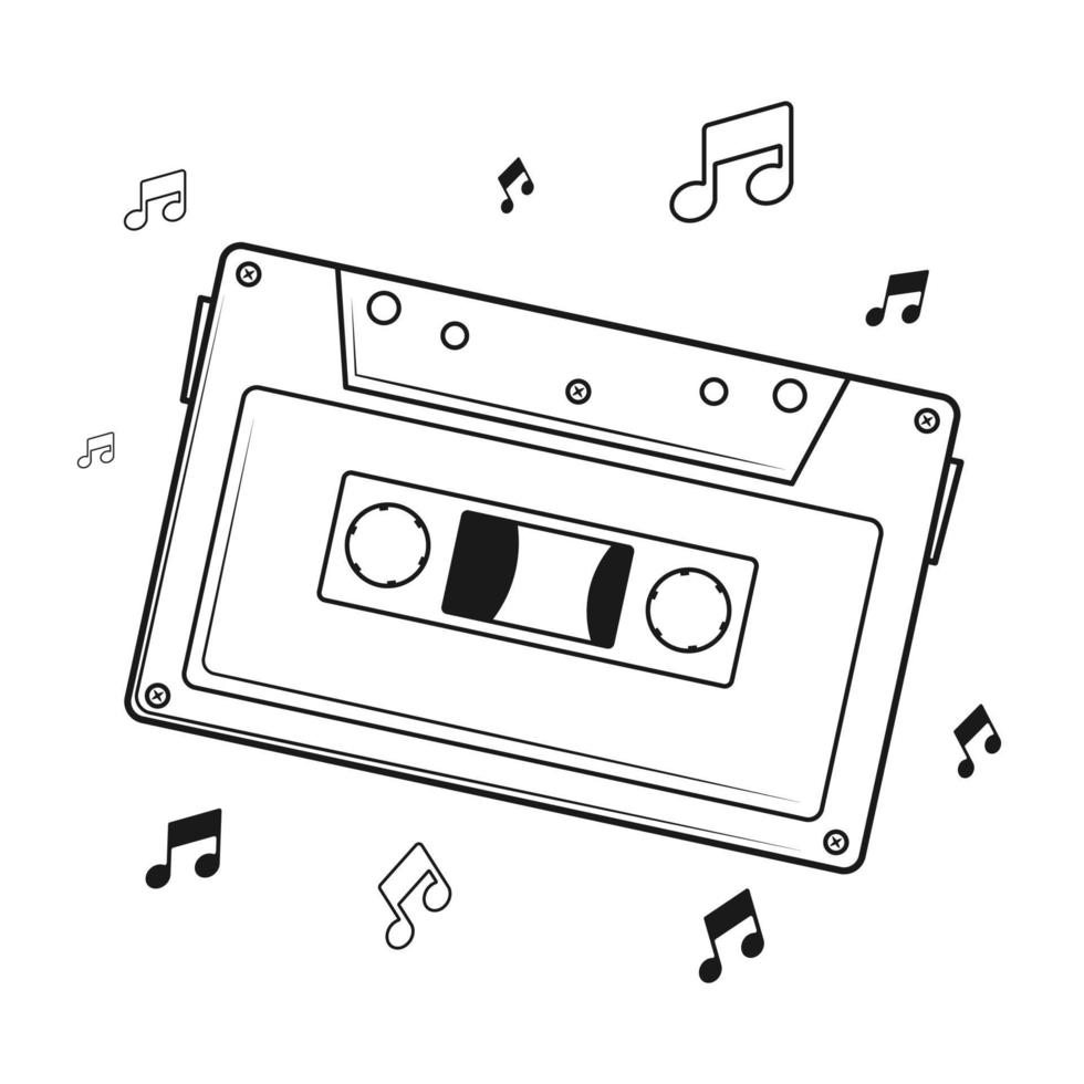 illustrazione vettoriale, registratore musicale degli anni '90 cassetta nastro line art, con icona di tono vettore