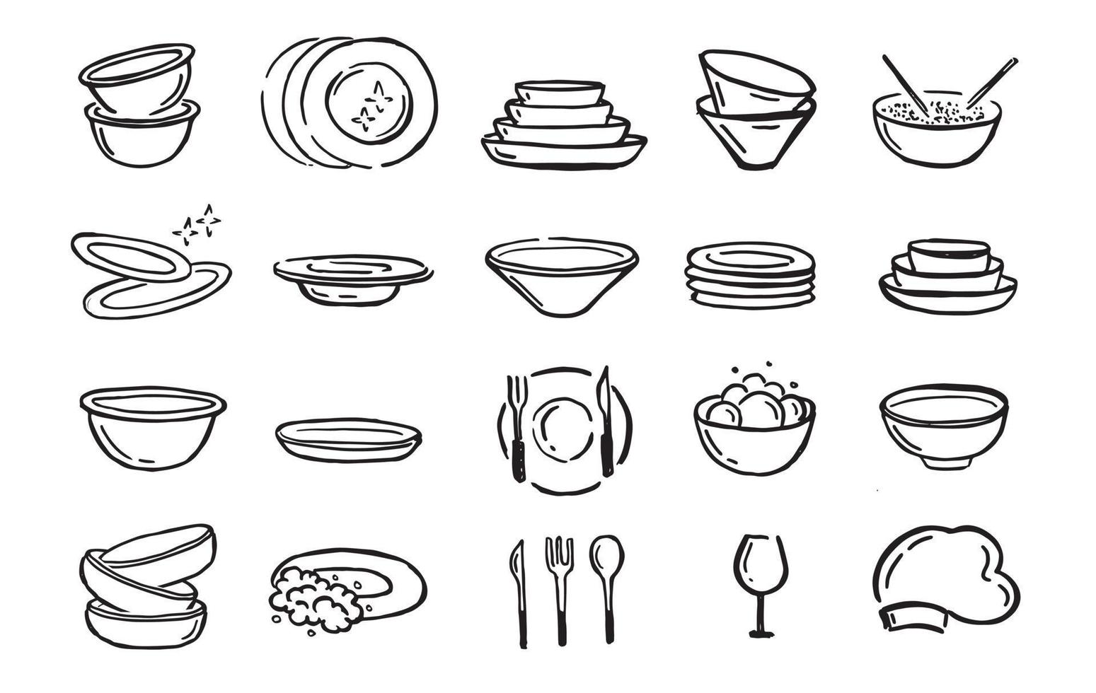 set di piatti. isolato su sfondo bianco. stile disegnato a mano. illustrazione vettoriale