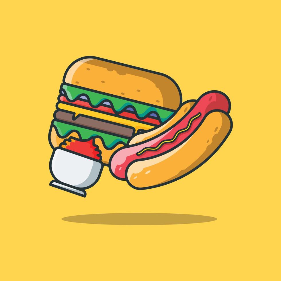deliziose illustrazioni di cartoni animati di hamburger e hotdog vettore