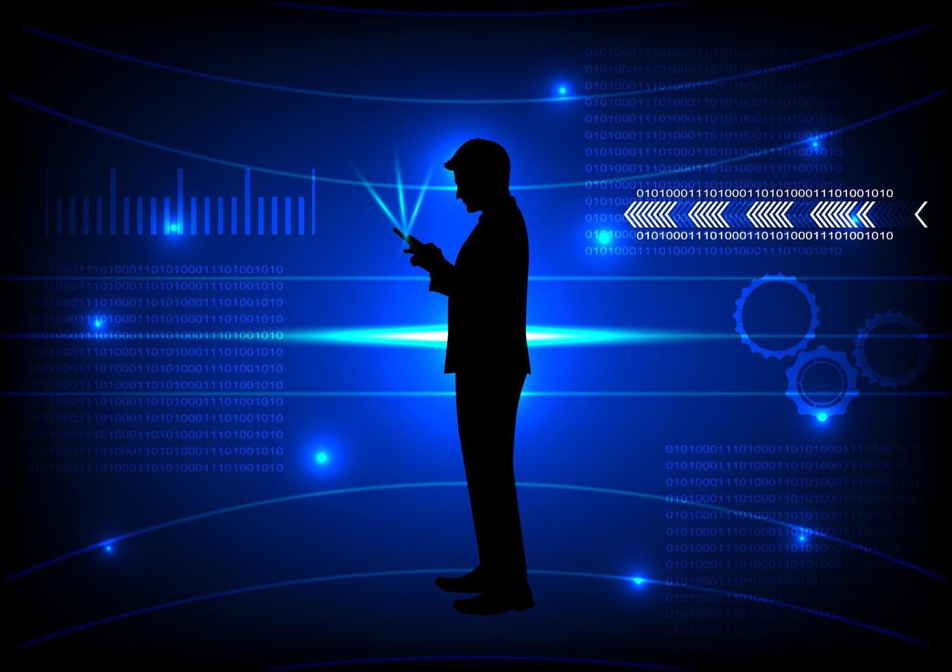 disegno silhouette uomo d'affari tenere smartphone, concetto di tecnologia di connessione utilizzando l'illustrazione vettoriale dello smartphone