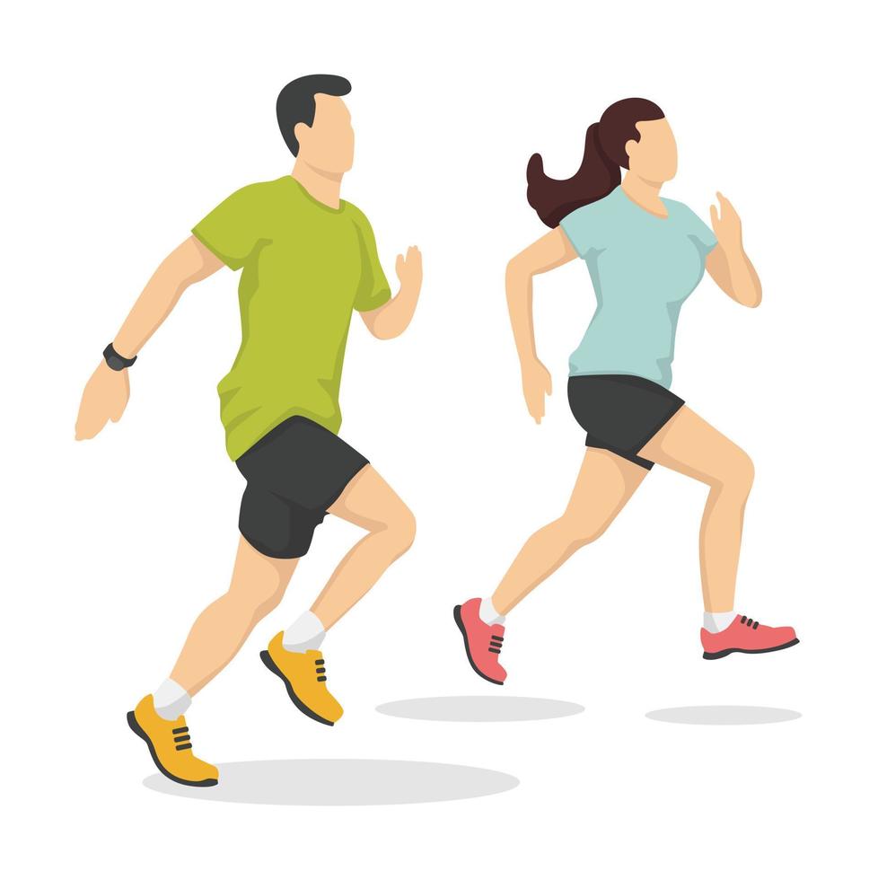 uomo e donna stanno correndo in stile moderno illustrazione vettoriale, persona sana semplice ombra piatta isolata su sfondo bianco. vettore