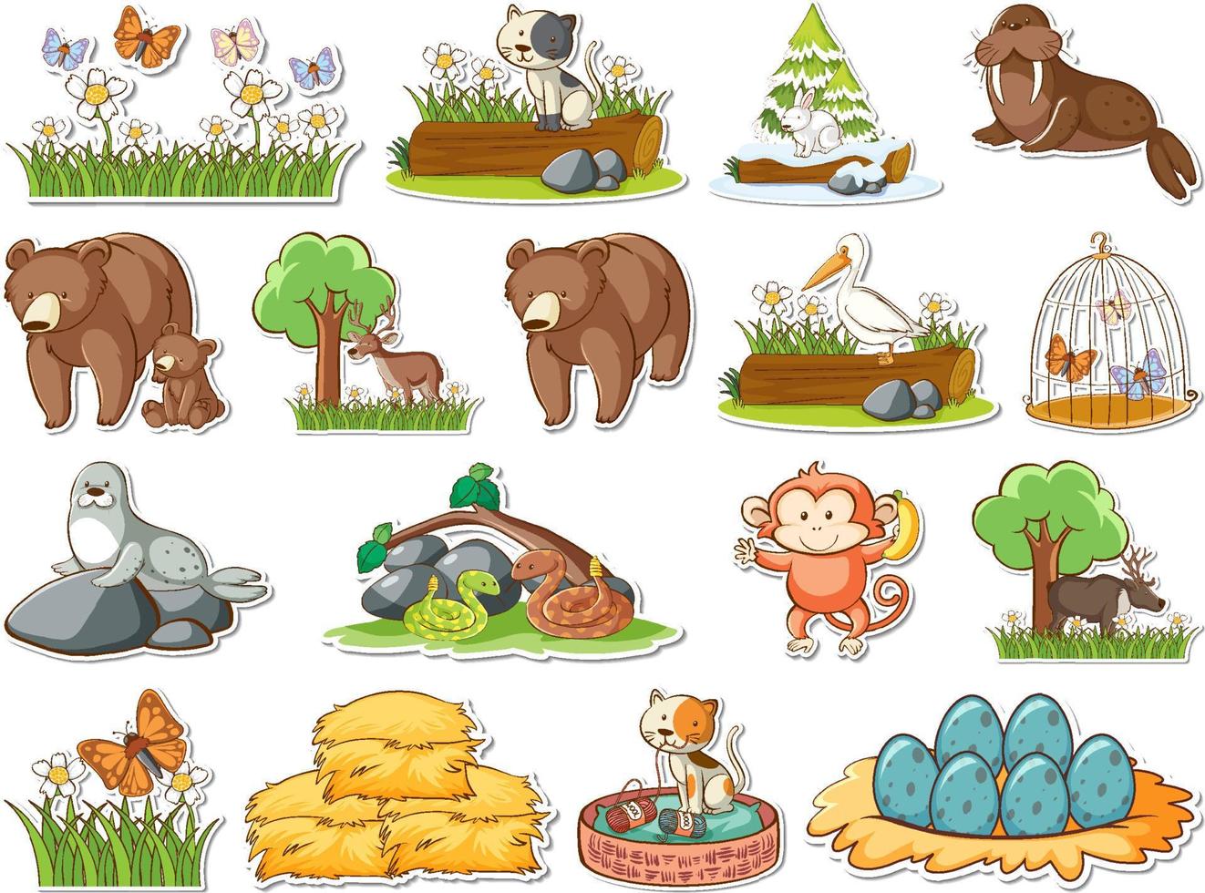 set di adesivi di animali selvatici dei cartoni animati vettore
