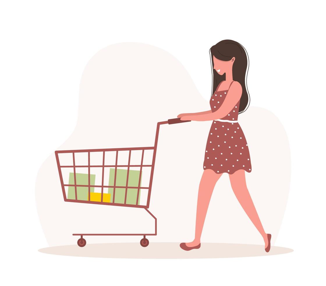 donna che fa shopping. ragazza felice con carrello e borse. illustrazione del fumetto vettoriale isolata su sfondo bianco. modello di promozione e vendita.