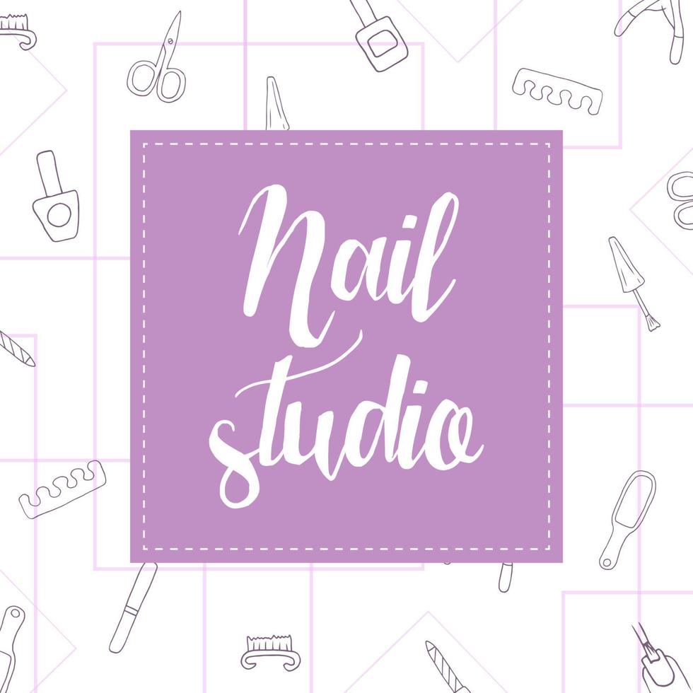 strumenti doodle pedicure manicure con simbolo smalto, forbici, smalto, crema. lettering manicure. studio per unghie, banner del salone. icone di bellezza per spa. illustrazione vettoriale. vettore