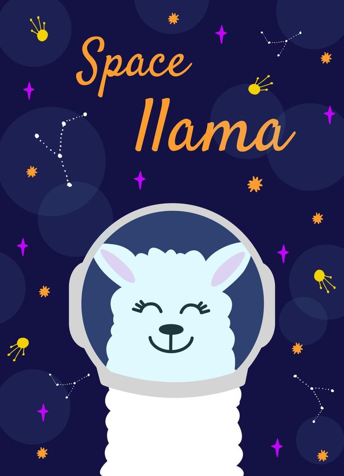 lama simpatico cartone animato nello spazio con luna e stelle. illustrazione vettoriale alpaca nello spazio. sfondo della galassia. concetto di banner web.