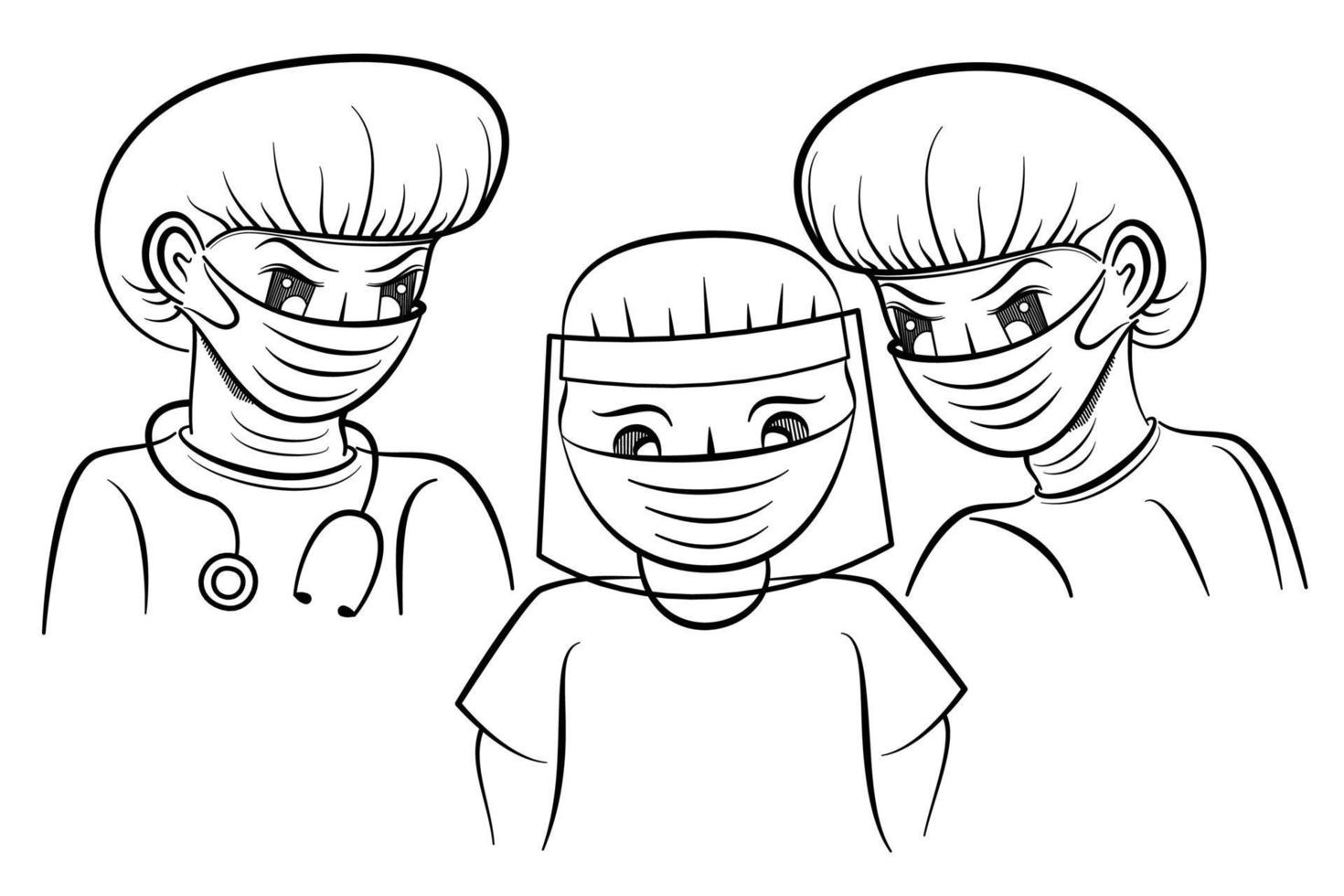 illustrazione della linea del personaggio dei cartoni animati medico, infermiere e paziente in indumenti protettivi contro i virus vettore